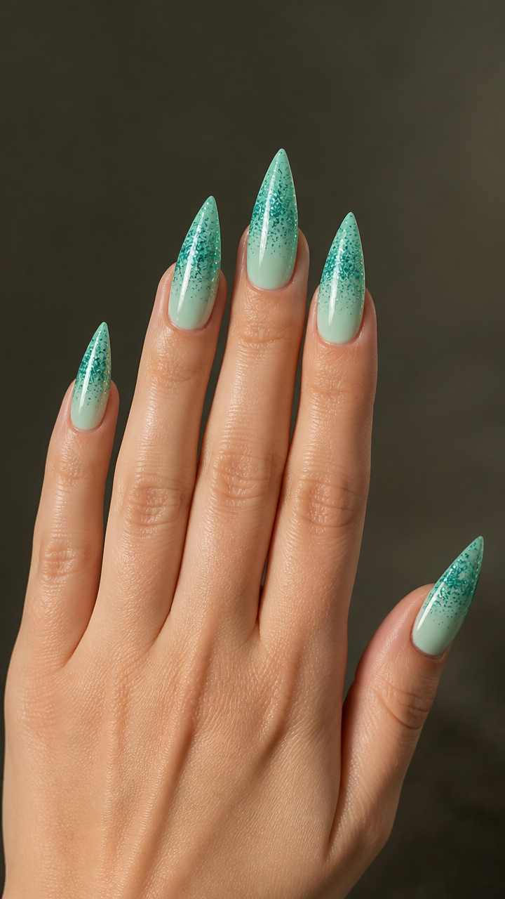 Seafoam Green Stiletto Nails with Glitter Gradient