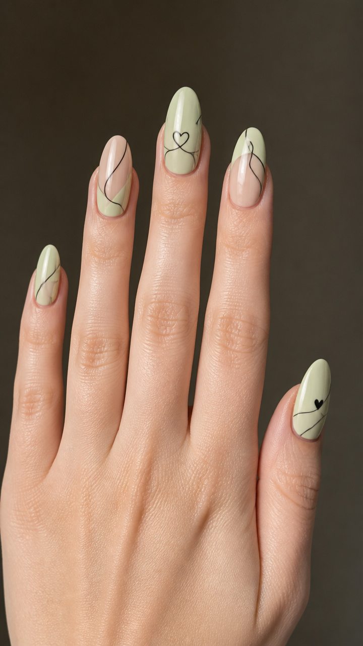 Pistachio Green Almond Nails with Minimalist Line Art
