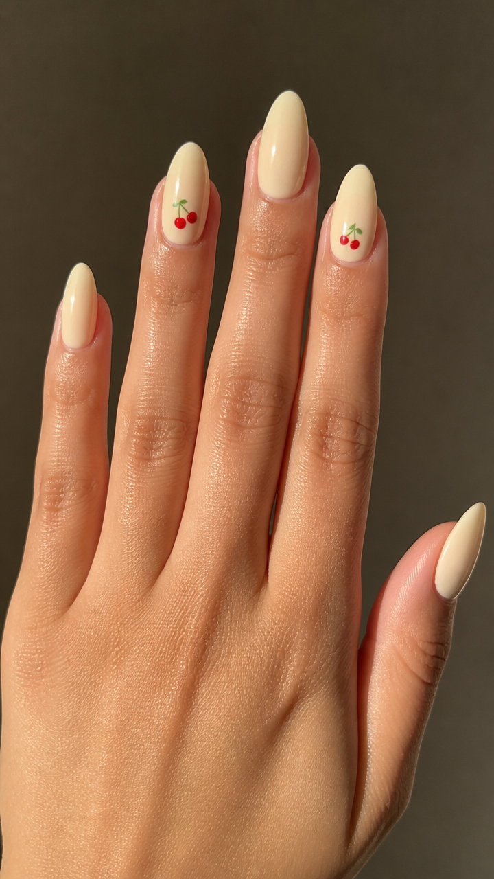 Vanilla Cream Nails with Tiny Cherry Charms