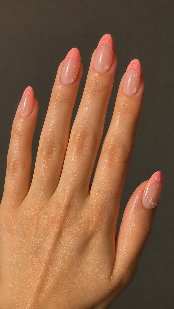 Soft Coral Gel Tips with Dewdrop Detail