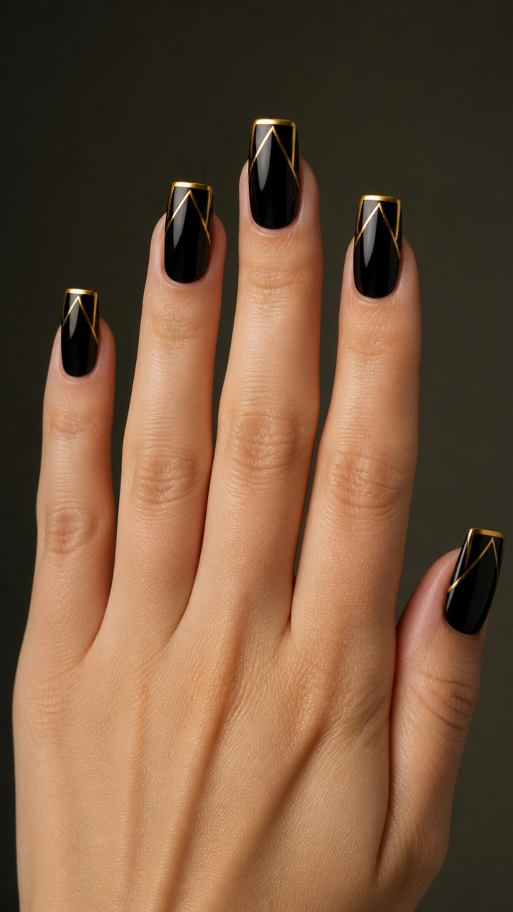 Black and Gold Geometric French Manicure