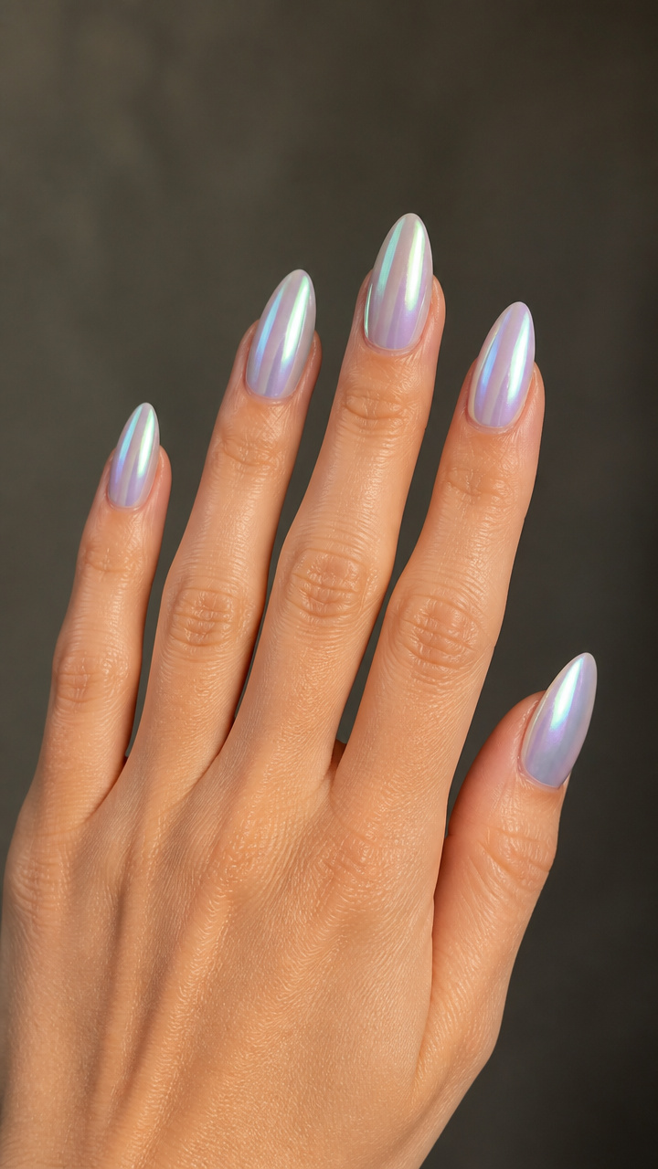 Iridescent Moonstone Effect on Almond Nails