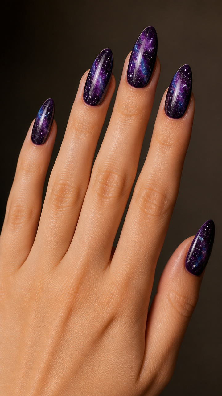 Purple Galaxy Nails with Star Dust Flecks