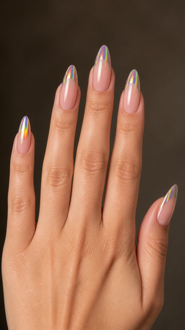 Holographic Rainbow Tips on Almond Nails