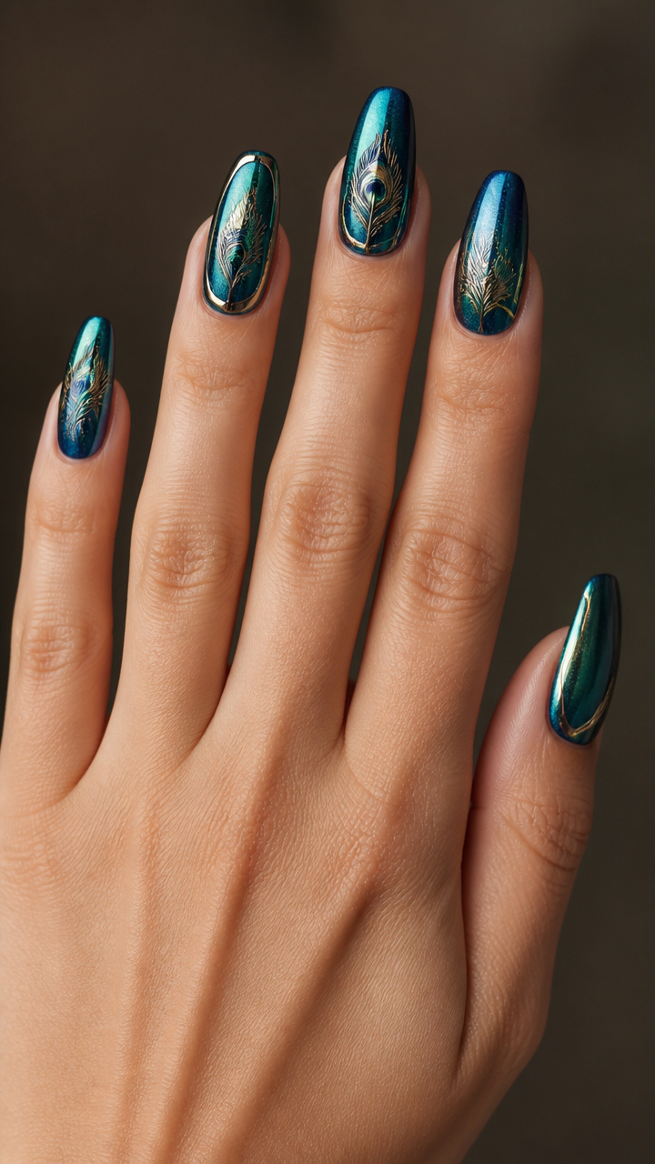 Peacock Blue with Feathers and Chrome Accents