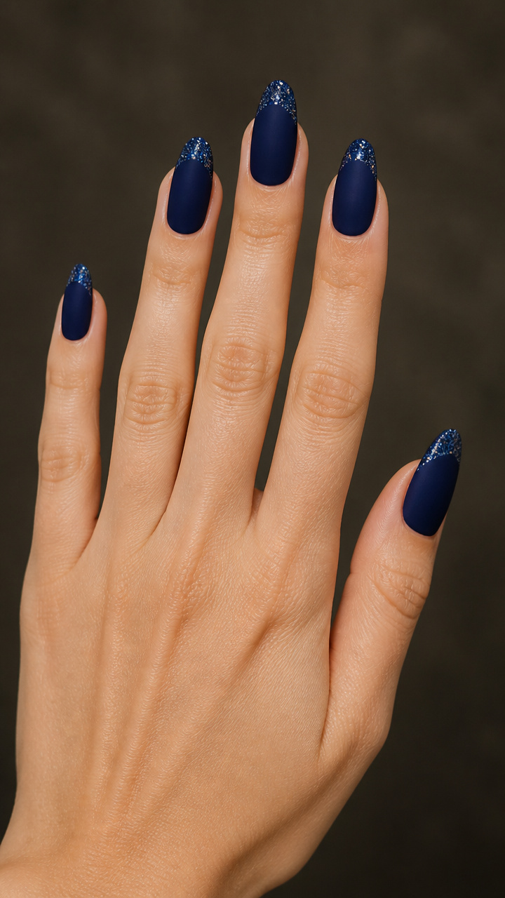 Midnight Blue Glitter French Manicure