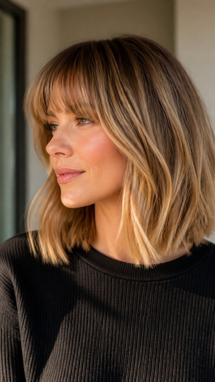 Blonde Balayage Lob with Bangs
