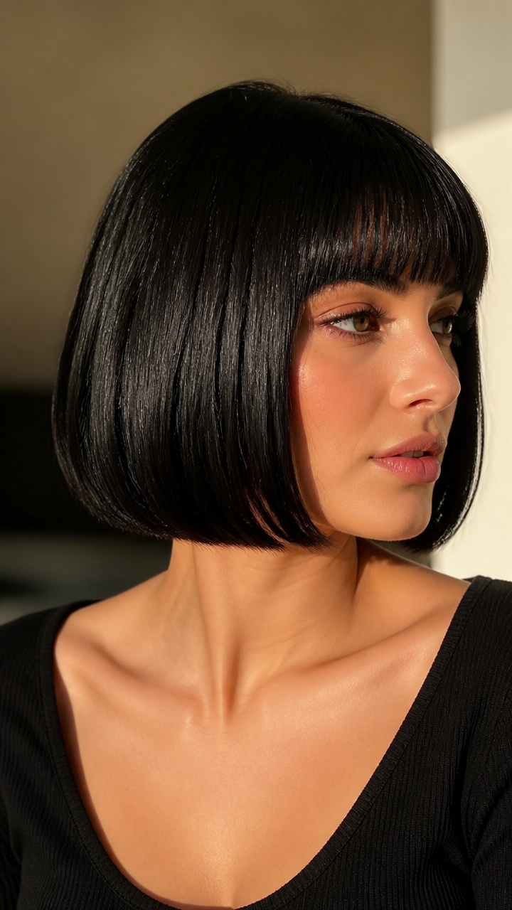 Jet Black Bob with Sharp Bangs